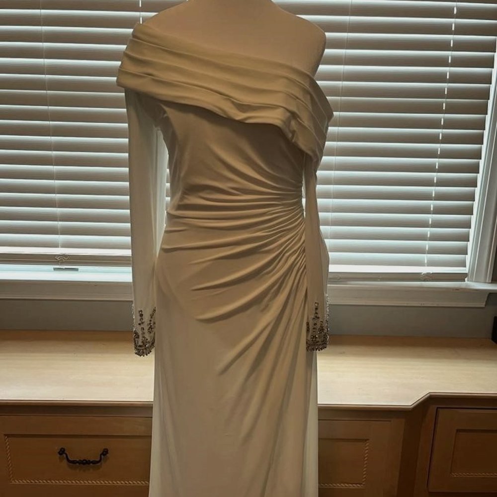Ieena for Mac Duggal Long Beaded Sleeve Asymmetrical One Shoulder Midi Dress